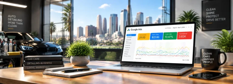 Google Ads campaign performance dashboard for USA auto detailing business